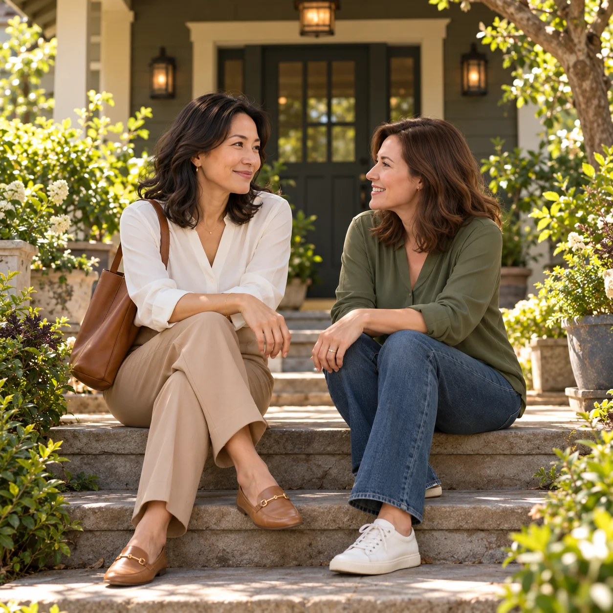 An agent and client talking on the steps of a California Craftsman home