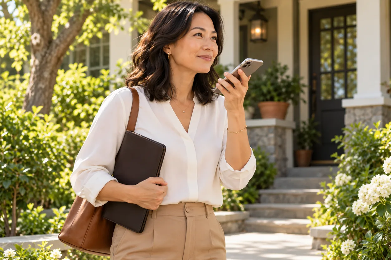 An agent speaking into her phone outside a home