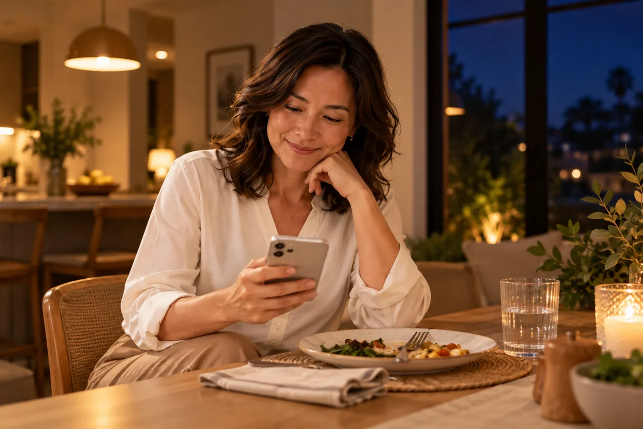 An agent reading a new inquiry on her phone at the dinner table