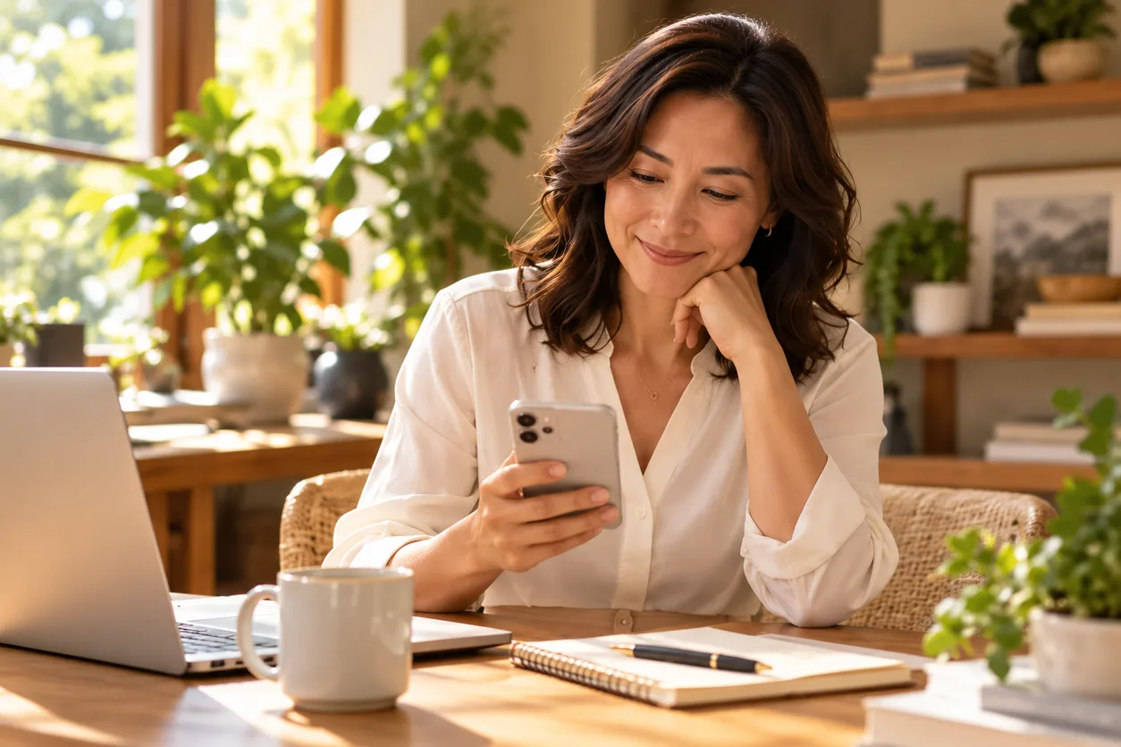 An agent reviewing a reminder on her phone at her desk