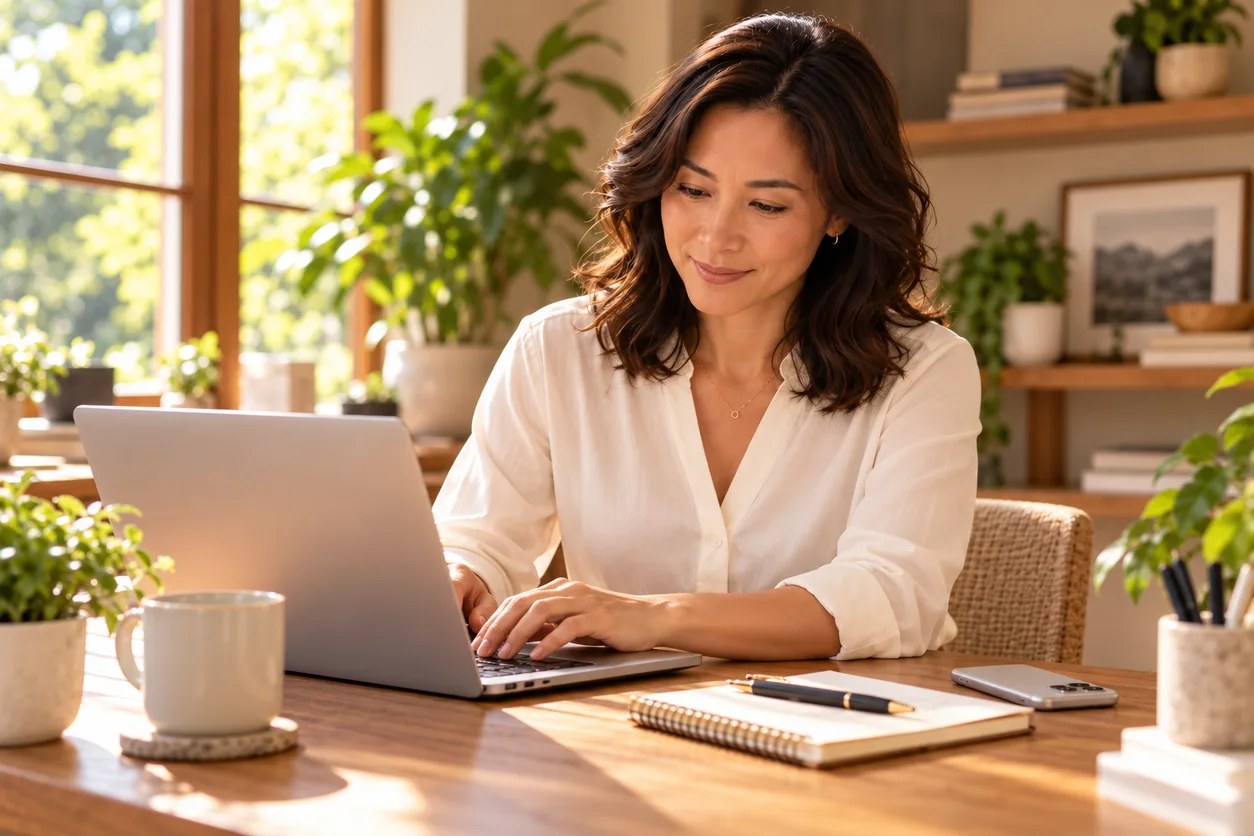 An agent at an oak desk, smiling as she writes a follow-up note on her laptop