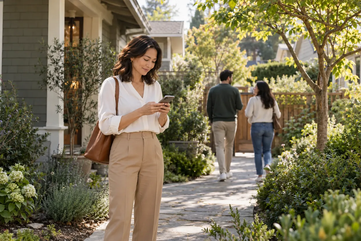An agent checking her phone after a showing while the buyers walk away